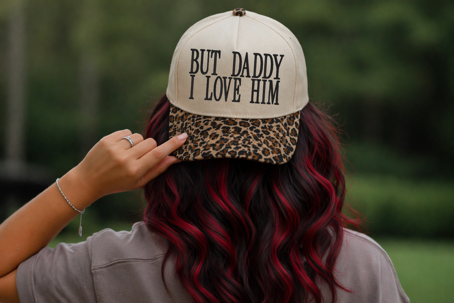 But Daddy I Love Him Embroidered Hat, Leopard Print Brim, Sassy Statement Cap, Viral Trend Hat