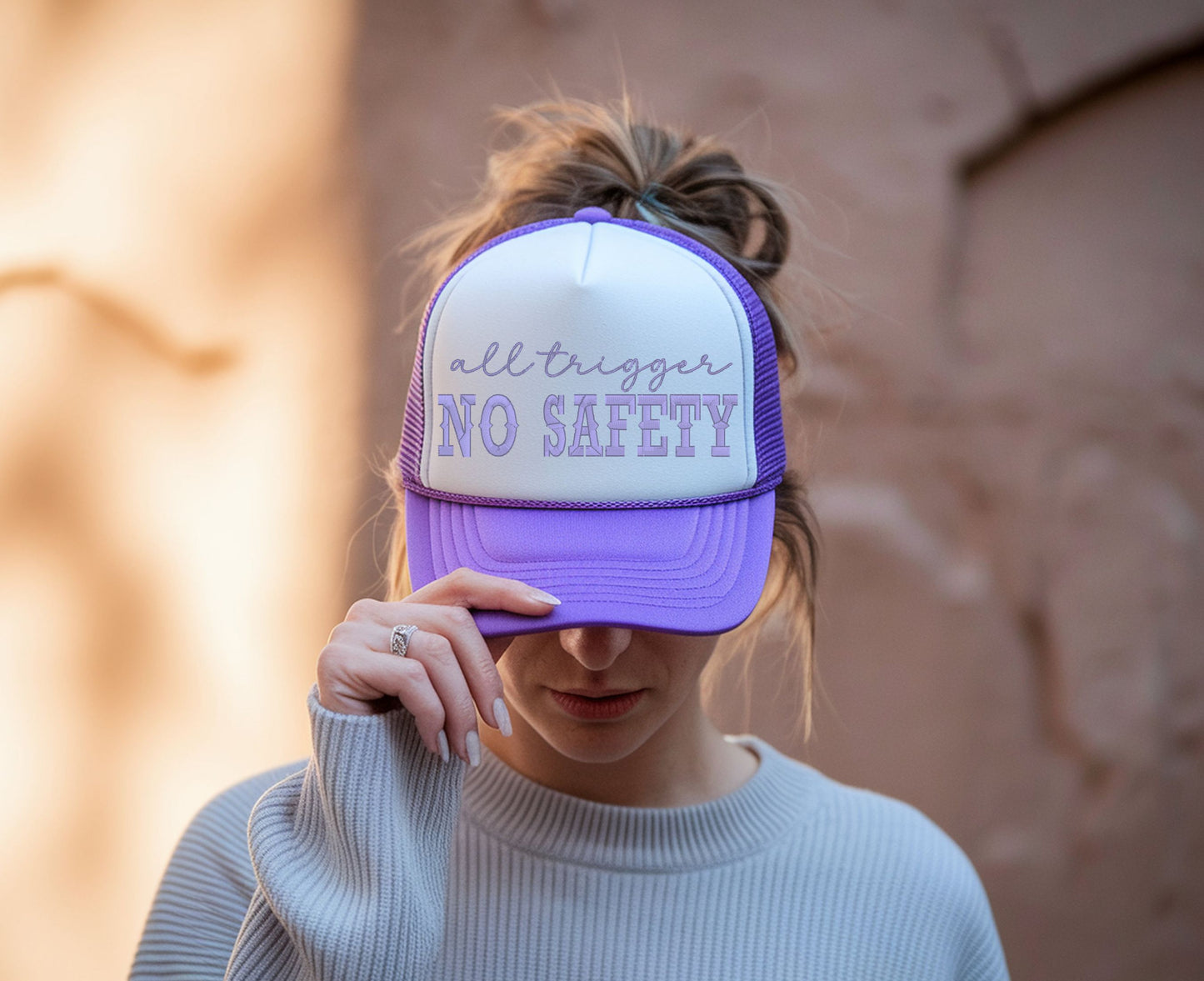 All Trigger No Safety Embroidered Trucker Hat | Edgy Funny Snapback Cap for Women