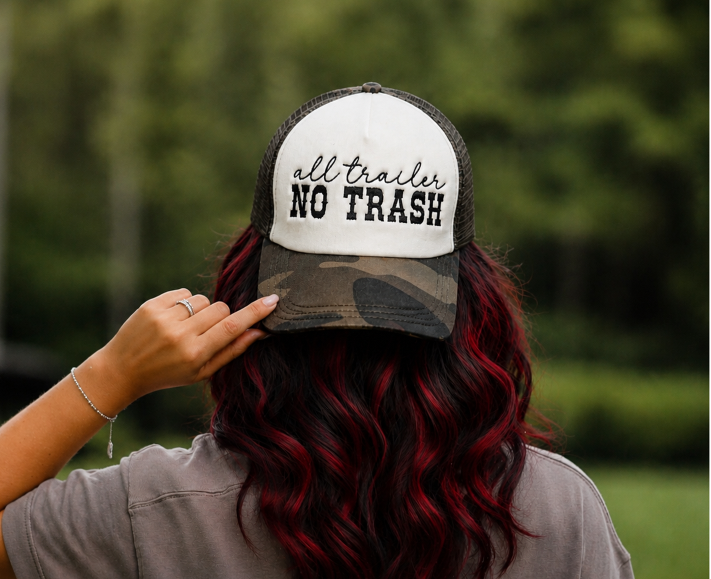 All Trailer No Trash Embroidered Trucker Hat | Funny Country Hat | Camo Leopard Brim Snapback | Western Southern Style Cap