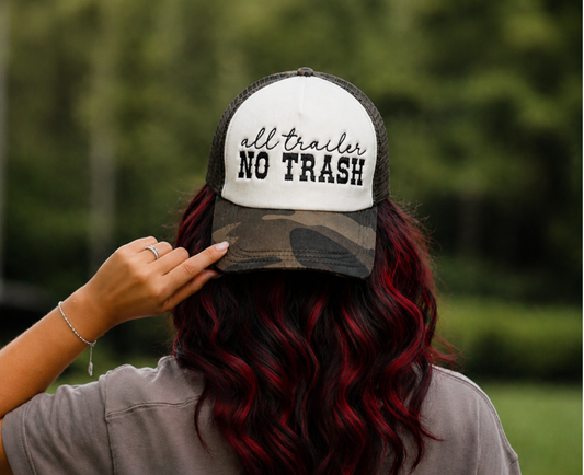 All Trailer No Trash Embroidered Trucker Hat | Funny Country Hat | Camo Leopard Brim Snapback | Western Southern Style Cap