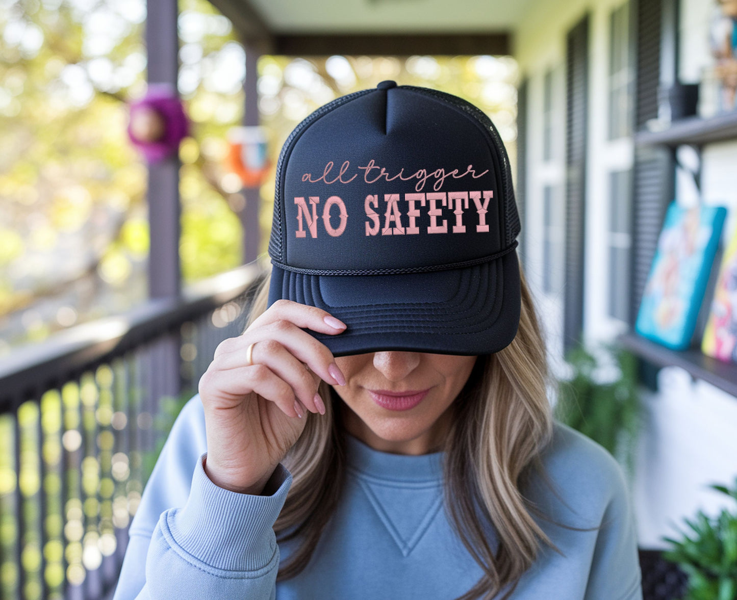 All Trigger No Safety Embroidered Trucker Hat | Edgy Funny Snapback Cap for Women