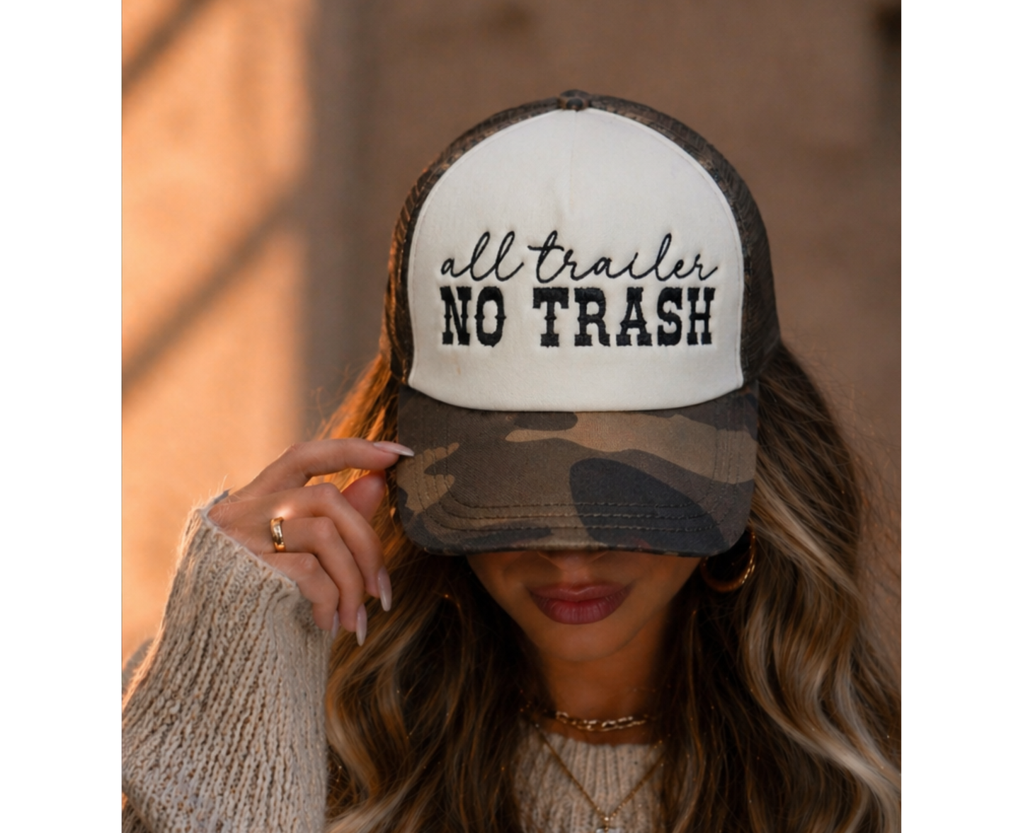 All Trailer No Trash Embroidered Trucker Hat | Funny Country Hat | Camo Leopard Brim Snapback | Western Southern Style Cap