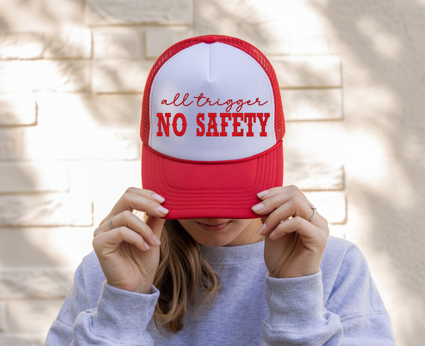 All Trigger No Safety Embroidered Trucker Hat | Edgy Funny Snapback Cap for Women