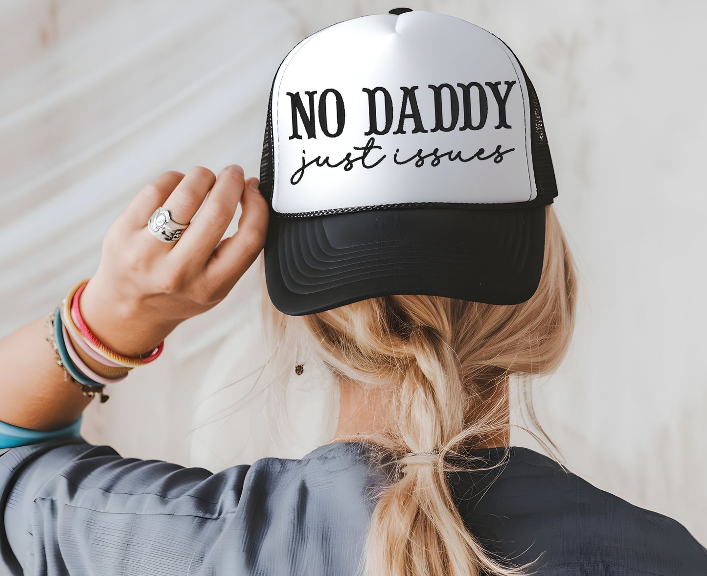 No Daddy Just Issues Embroidered Trucker Hat | Funny Sarcastic Hat for Women | Snapback Cap