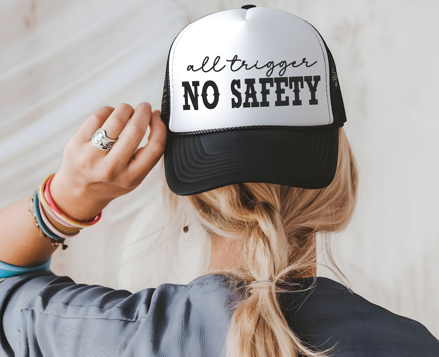 All Trigger No Safety Embroidered Trucker Hat | Edgy Funny Snapback Cap for Women