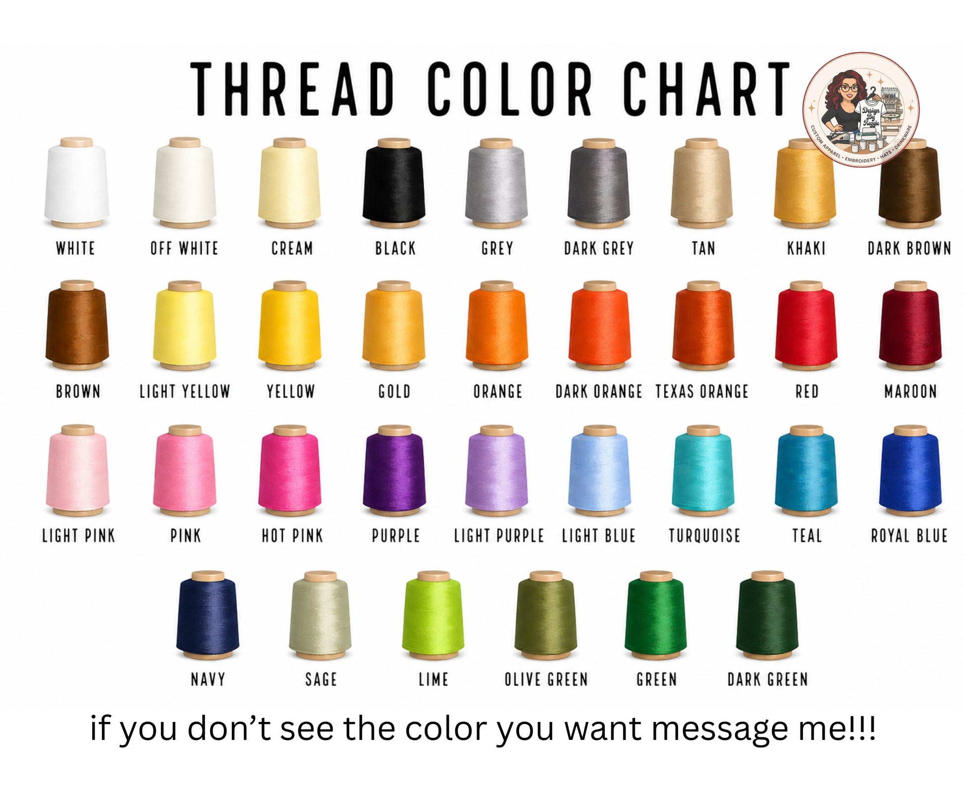 Thread color chart with various colored spools of thread and a contact information icon.