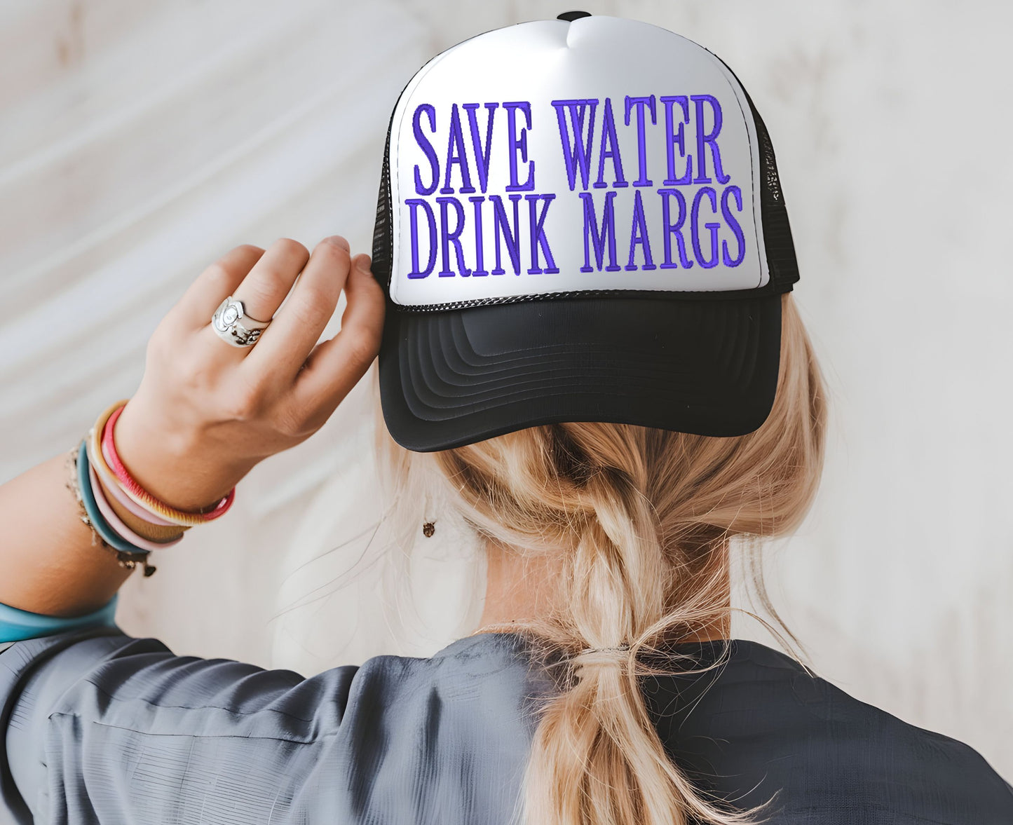 Save Water Drink Margs Embroidered Trucker Hat | Funny Margarita Hat for Women | Snapback Cap