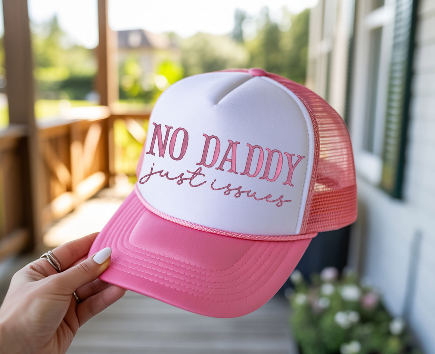 No Daddy Just Issues Embroidered Trucker Hat | Funny Sarcastic Hat for Women | Snapback Cap