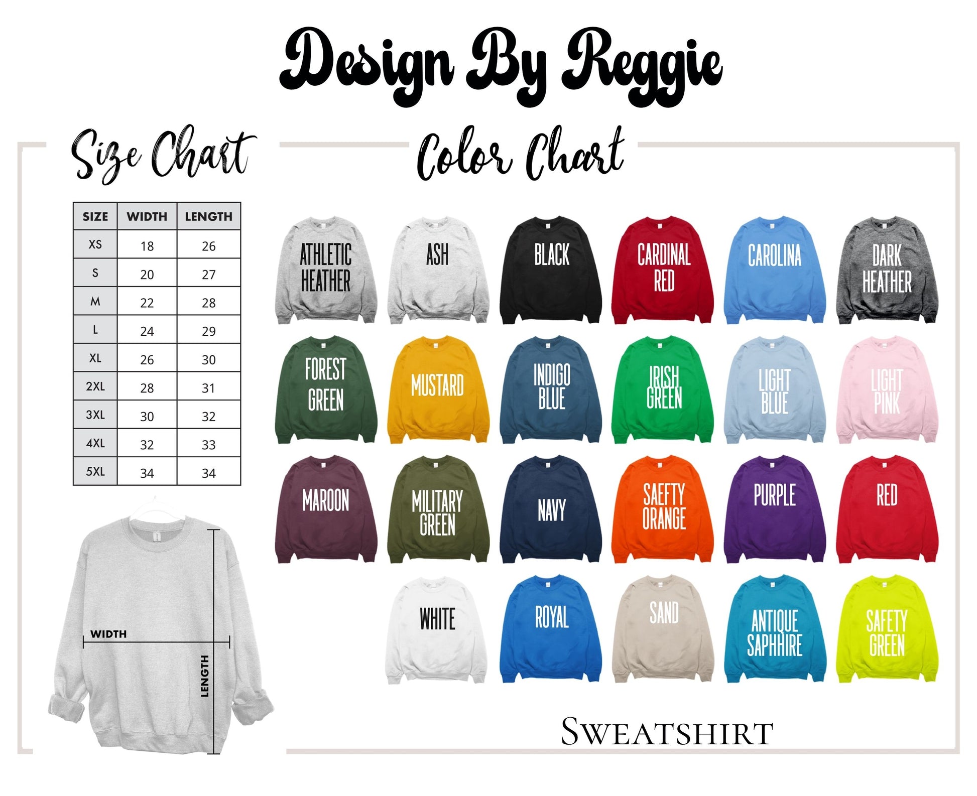 Color chart and size chart for sweatshirts with various color options and a white sweatshirt.