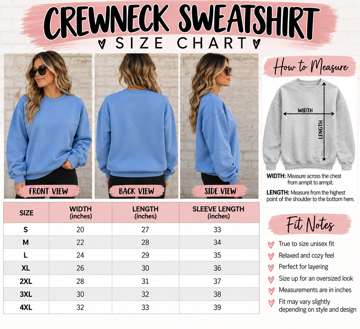 A crewneck sweatshirt size chart and measurement guide showing three views of a woman wearing a light blue sweatshirt from the front, back, and side, alongside a gray sweatshirt with labeled width and length measurements, plus a size table and fit notes.